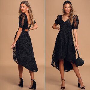 Lulus Be My Date Floral Embroidered High-Low Midi Dress Size L Black Puff Sleeve